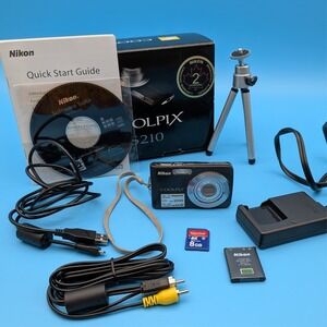 Nikon Coolpix S210 Black w 8GB Sandisk, Tripod, Charger, Cords, Manuals, Box
